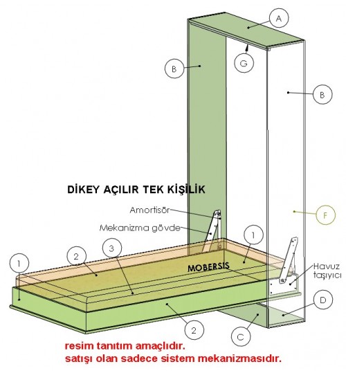 Tek kişilik dikey açılır yatak mekanizması 